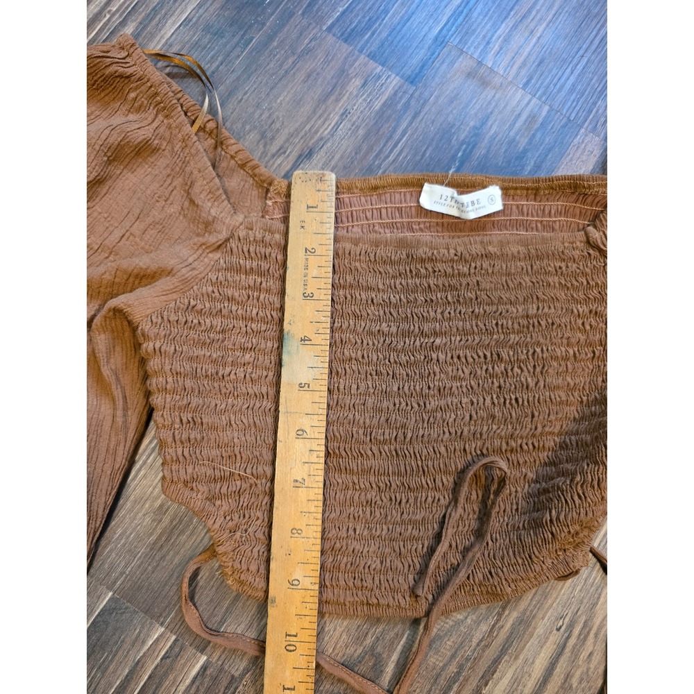12th Tribe Brown Smocked Wrap Tie Crop Top Long Sleeve Small boho festival Indie - Picture 4 of 6